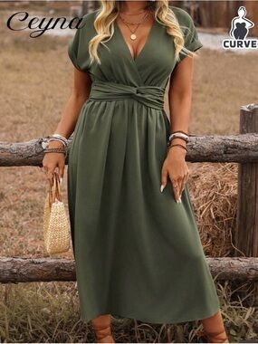 Curve Olive Green Wrap Midi Dress